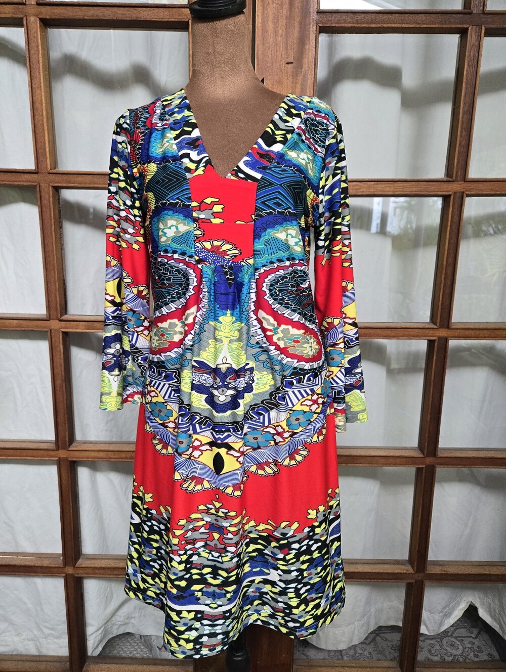 White Mark Red Multicolor V-Neck Long Sleeve Dress
